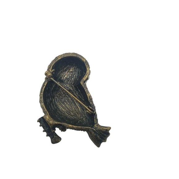 Owl Large Statement Brooch Pin Clear Rhinestones Faux Pearls Bronze Tone Metal - Picture 3 of 5